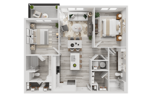 A detailed 3D floor plan of a modern apartment layout.